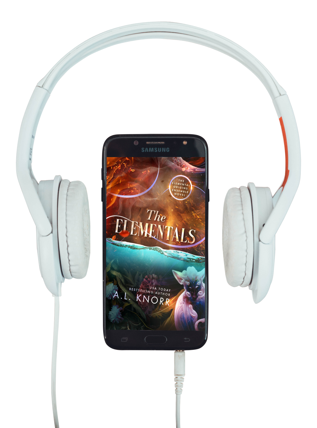 The Elementals Audiobook graphic with headphones