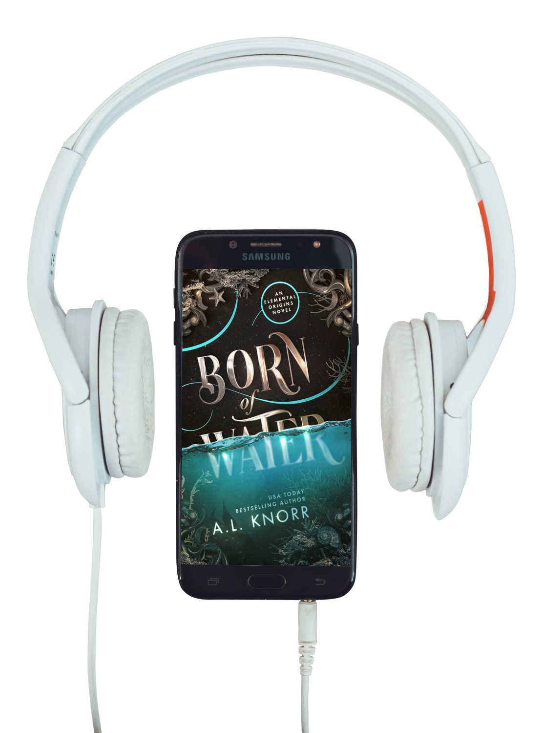 Born of Water audiobook graphic with headphones