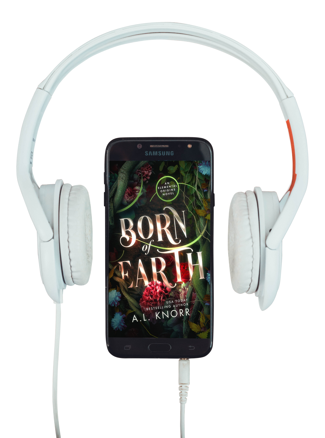 Born of Earth audiobook graphic with headphones
