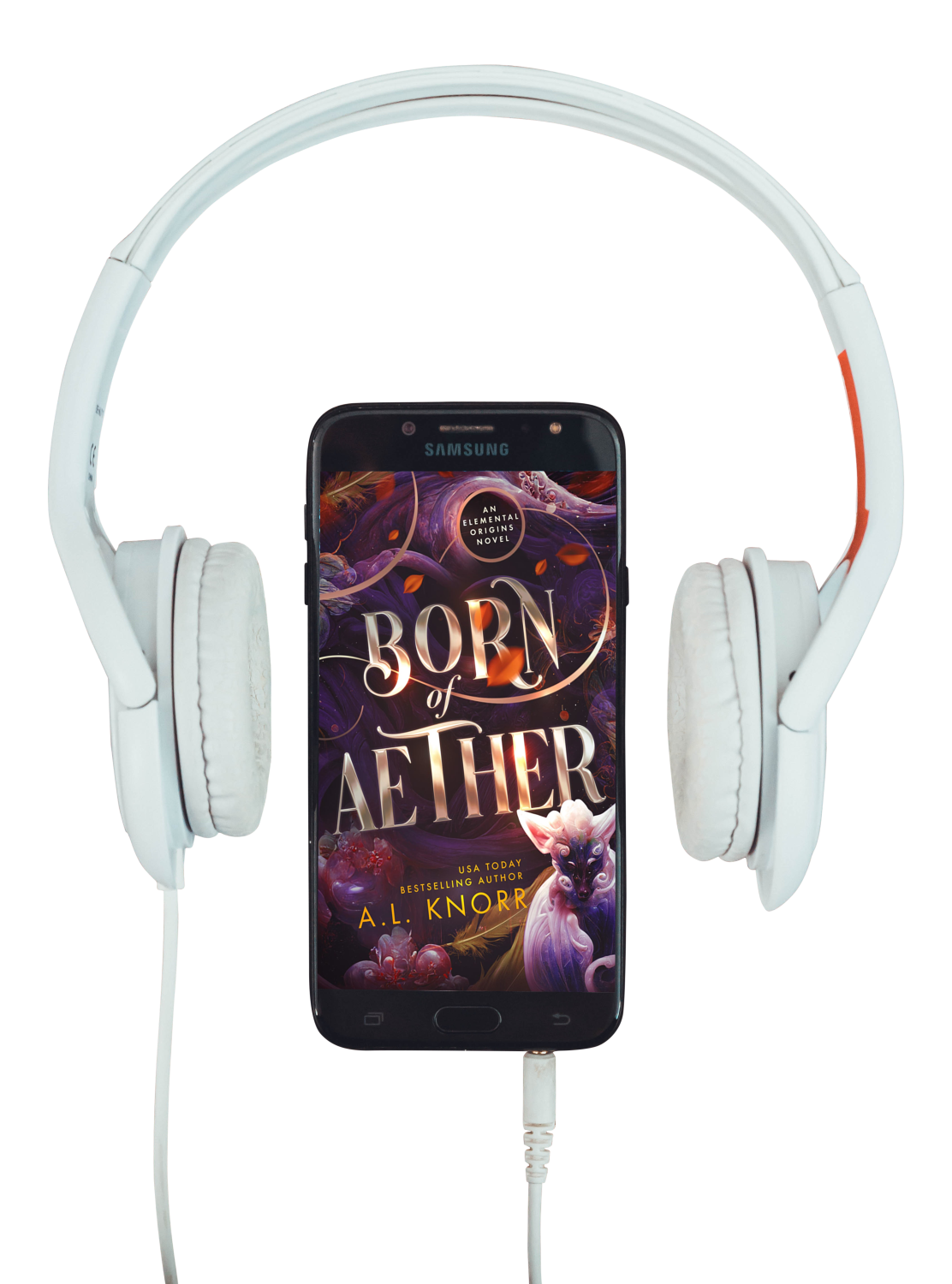 Born of Aether audiobook graphic with headphones