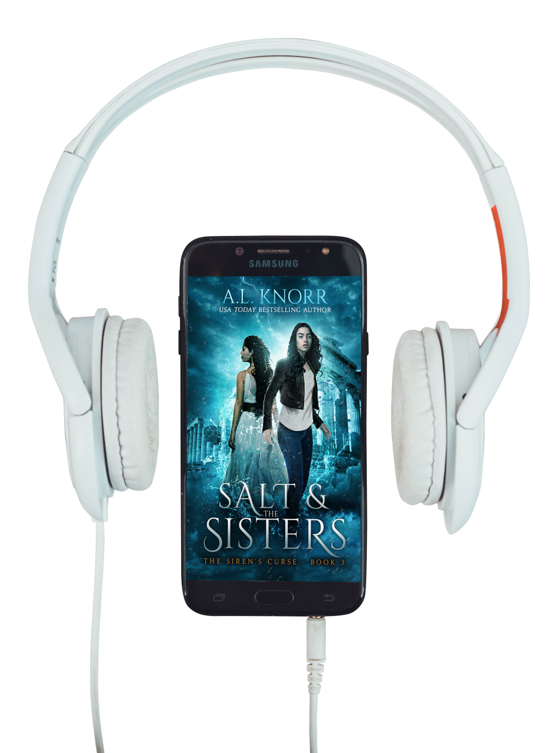 Salt & the Sisters audiobook graphic with headphones